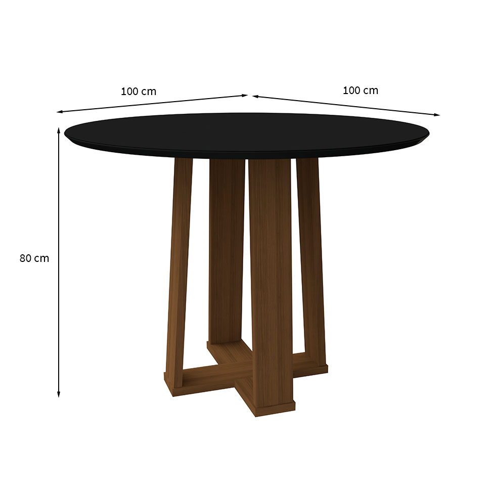 Mesa de Jantar Redonda com Tampo de Vidro Isabela Preta e Imbuia 100 cm