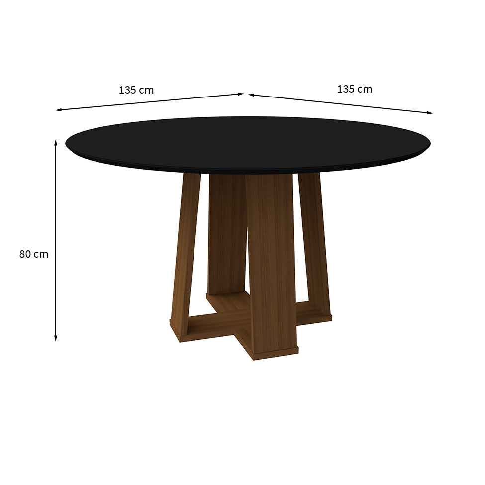 Mesa de Jantar Redonda com Tampo de Vidro Isabela Preta e Imbuia 135 cm