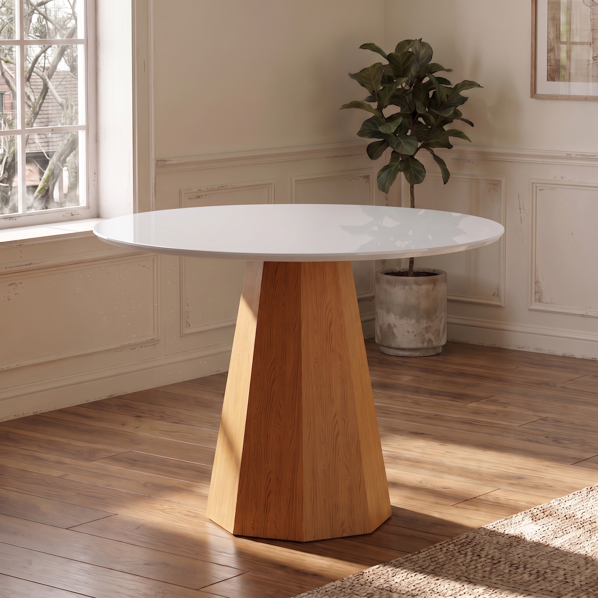 Mesa de Jantar Redonda com Tampo de Vidro Isis Off White e Ype 100 cm