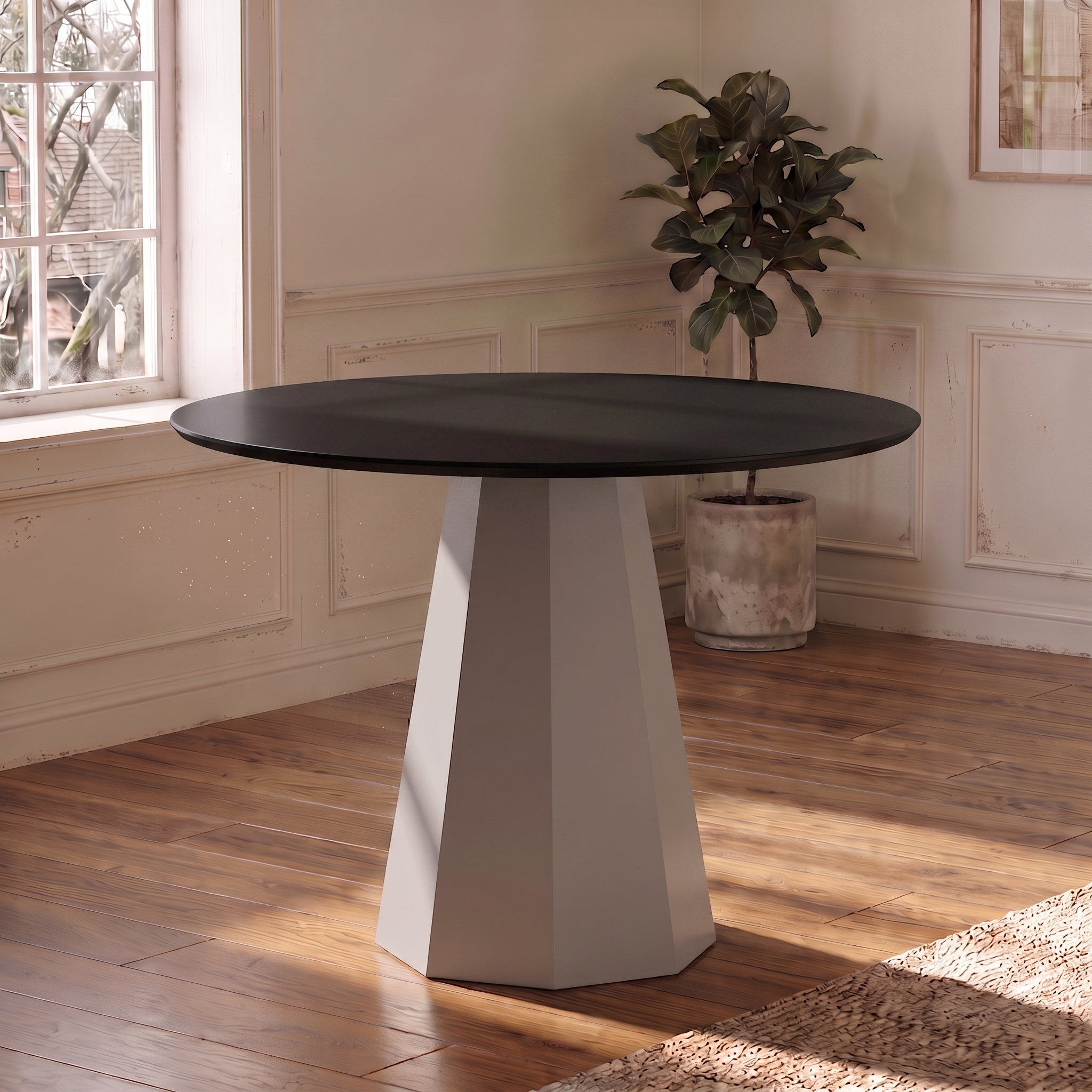 Mesa de Jantar Redonda com Tampo de Vidro Isis Preta e Off White 100 cm