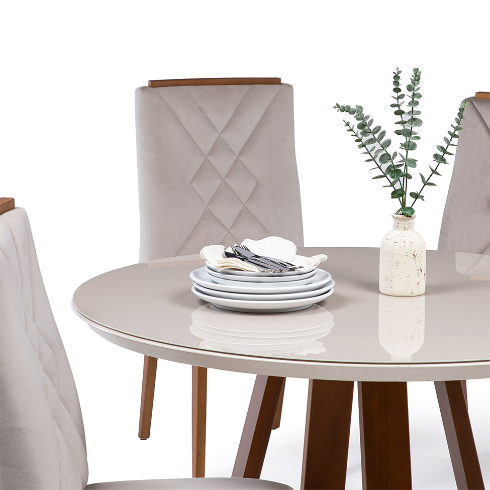Mesa de Jantar Redonda com Tampo de Vidro Off White Bennett Natural 115 cm