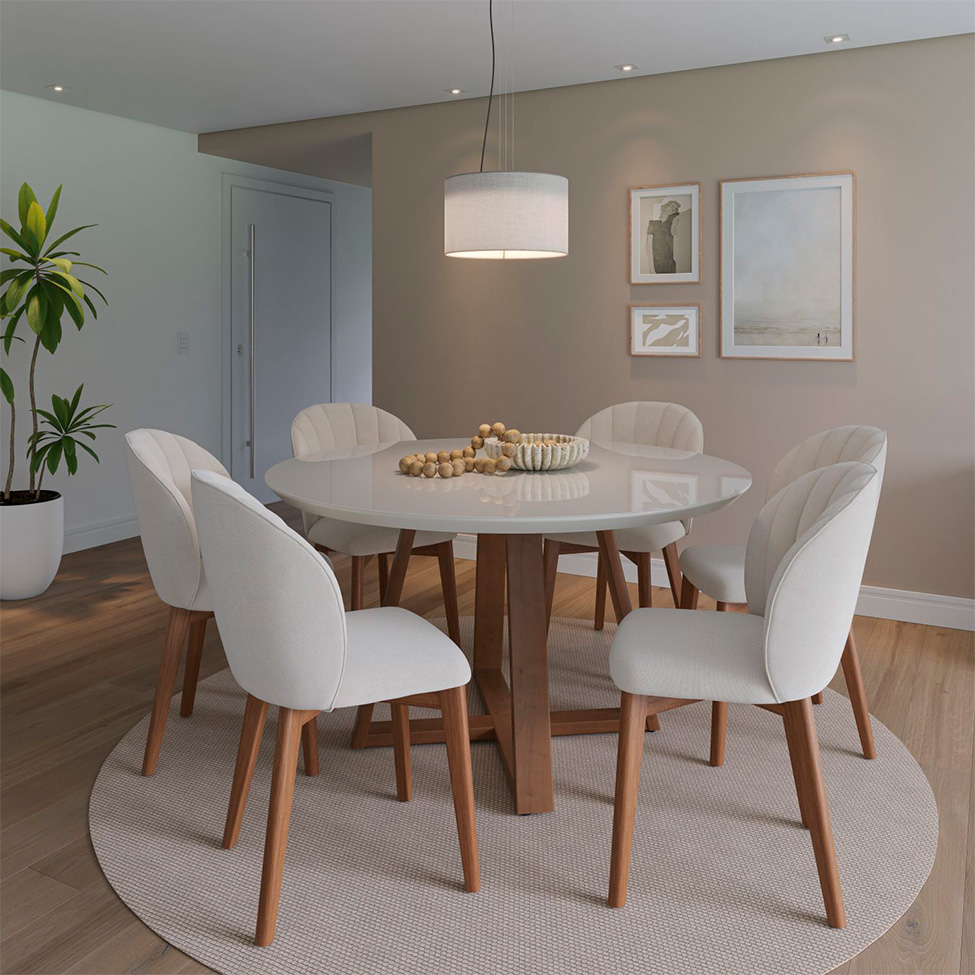 Mesa de Jantar Redonda com Tampo de Vidro Off White Bennett Natural 135 cm