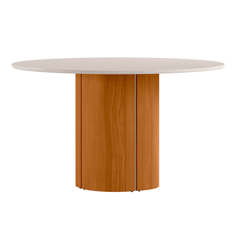Mesa de Jantar Redonda com Tampo de Vidro Serena Off White e Ypê 135 cm
