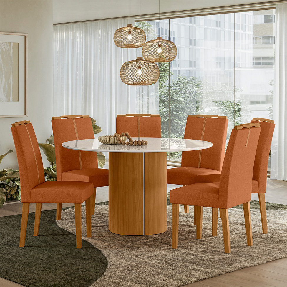 Mesa de Jantar Redonda com Tampo de Vidro Serena Off White e Ypê 135 cm