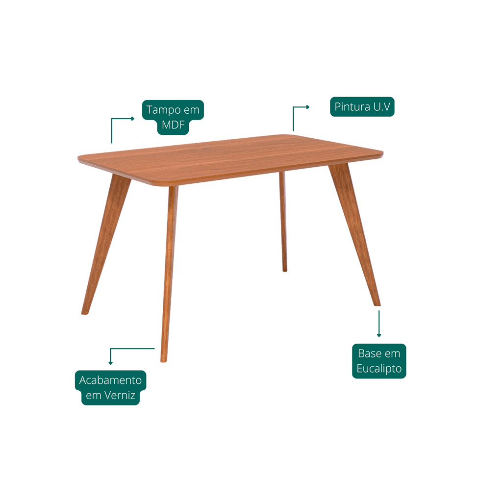 Mesa de Jantar Retangular com Tampo MDF Acerola Cinamomo e Madeira 130 cm