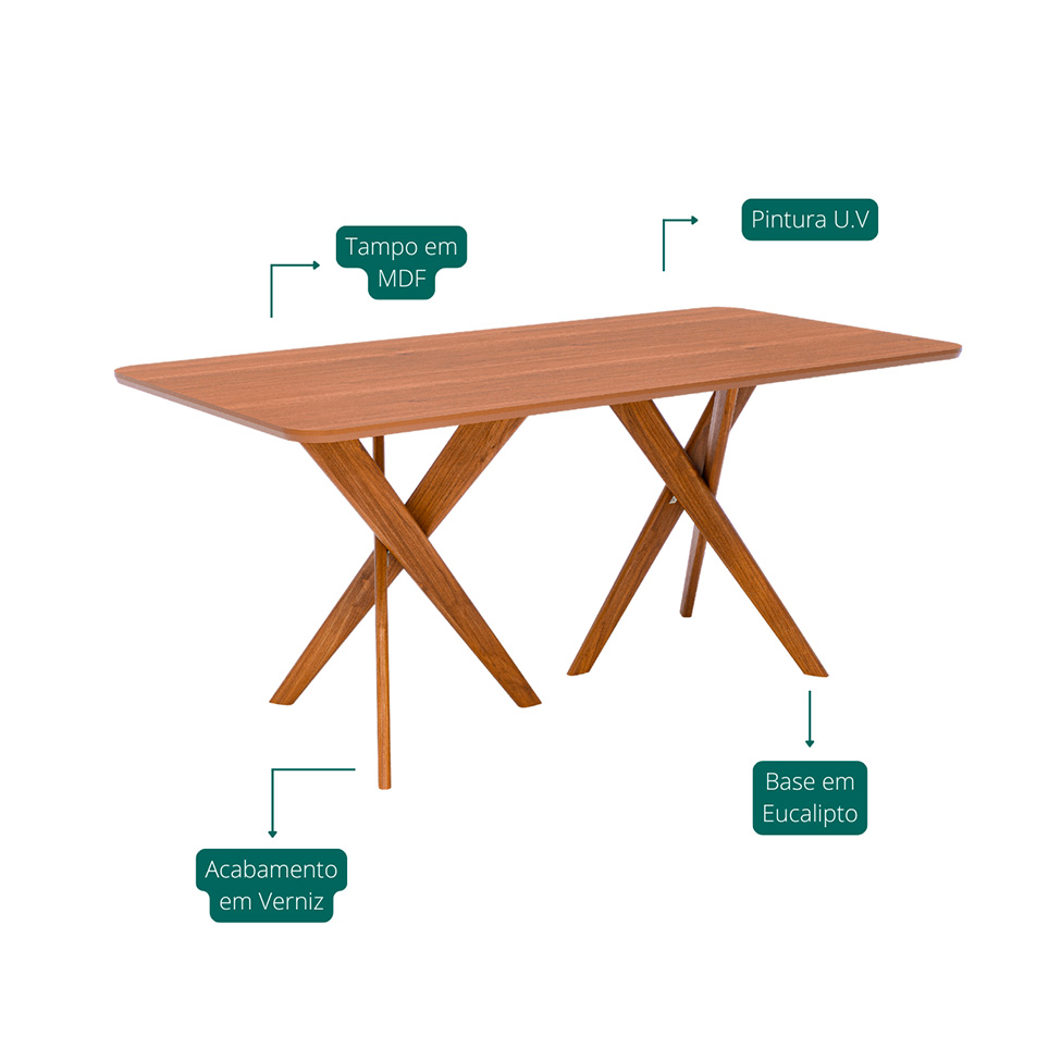 Mesa de Jantar Retangular com Tampo MDF Cacau Cinamomo e Madeira 180 cm