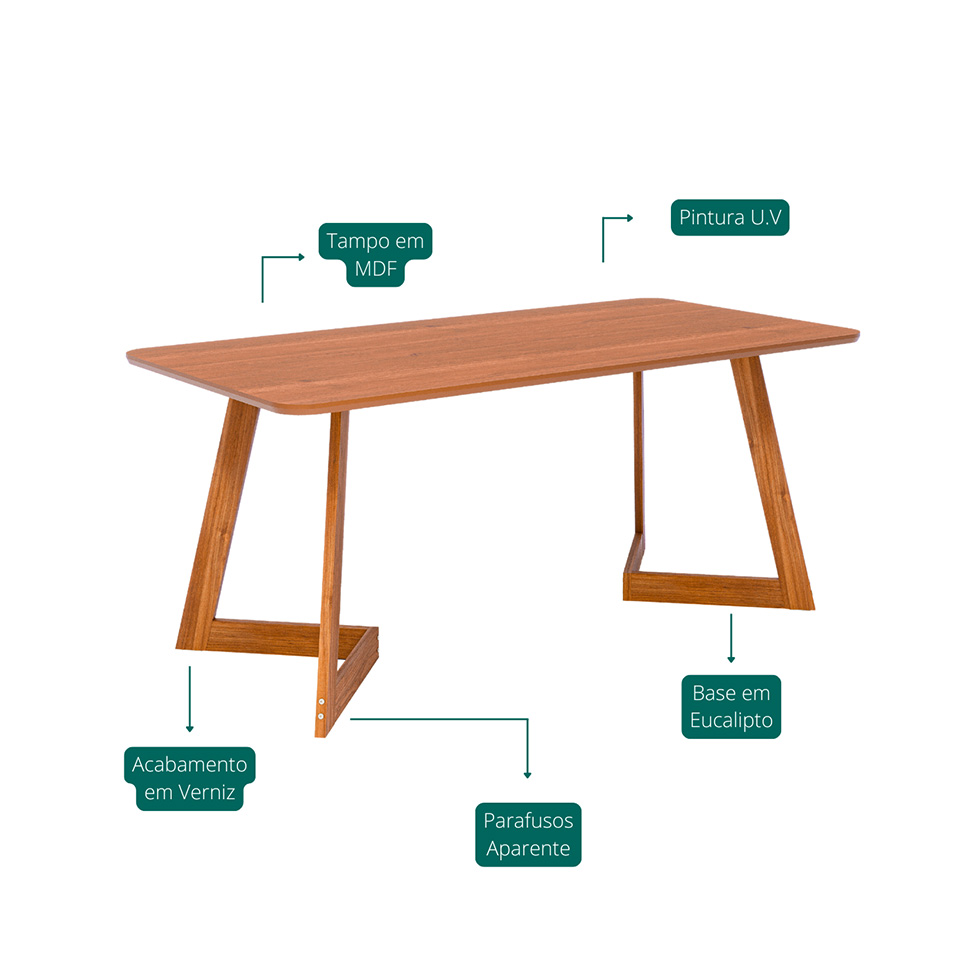 Mesa de Jantar Retangular com Tampo MDF Caju Cinamomo e Madeira 180 cm