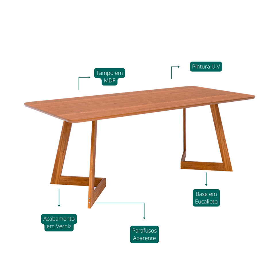 Mesa de Jantar Retangular com Tampo MDF Caju Cinamomo e Madeira 210 cm