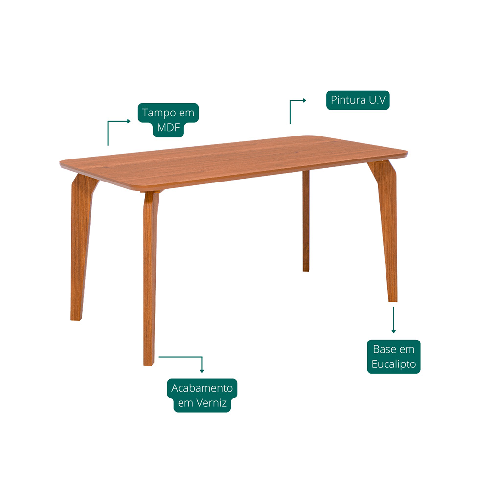 Mesa de Jantar Retangular com Tampo MDF Papaia Cinamomo e Madeira 160 cm