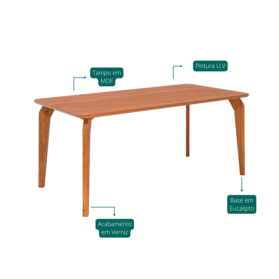 Mesa de Jantar Retangular com Tampo MDF Papaia Cinamomo e Madeira 180 cm