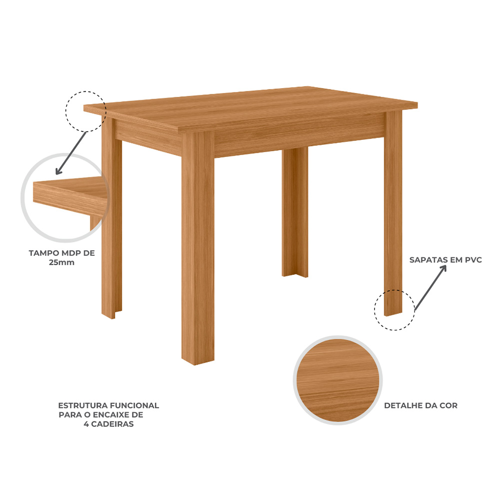 Mesa de Jantar Retangular com Tampo MDP Bellagio Freijó 108 cm