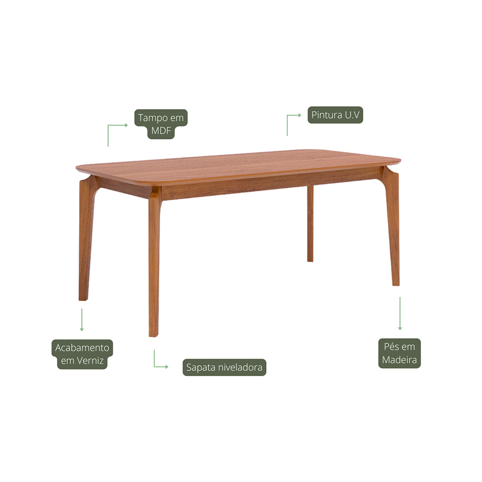 Mesa de Jantar Retangular com Tampo de MDF Ficus Cinamomo 180 cm