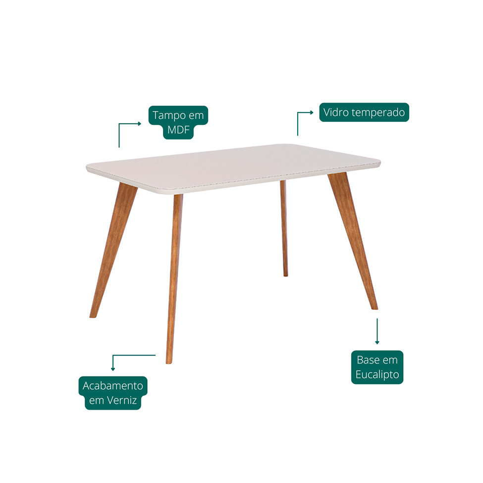 Mesa de Jantar Retangular com Tampo de Vidro Acerola Off White e Madeira 130 cm