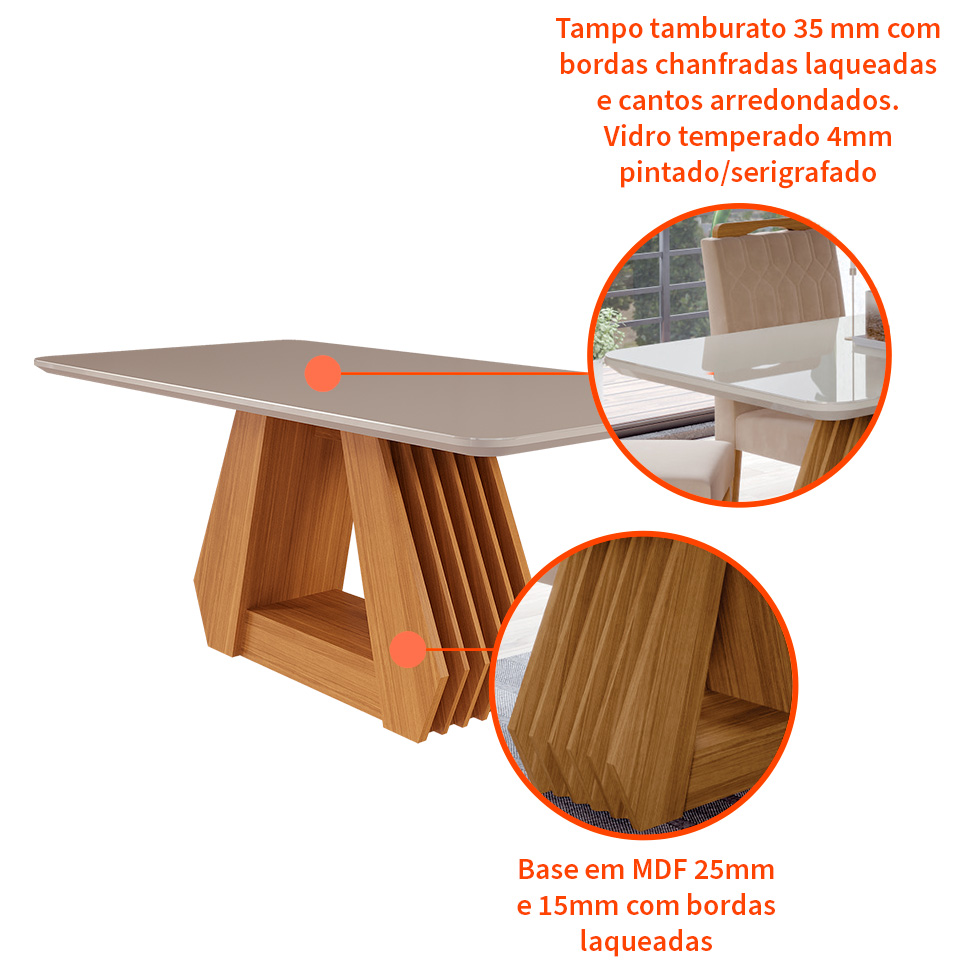 Mesa de Jantar Retangular com Tampo de Vidro Agata Off White e Nature 180 cm