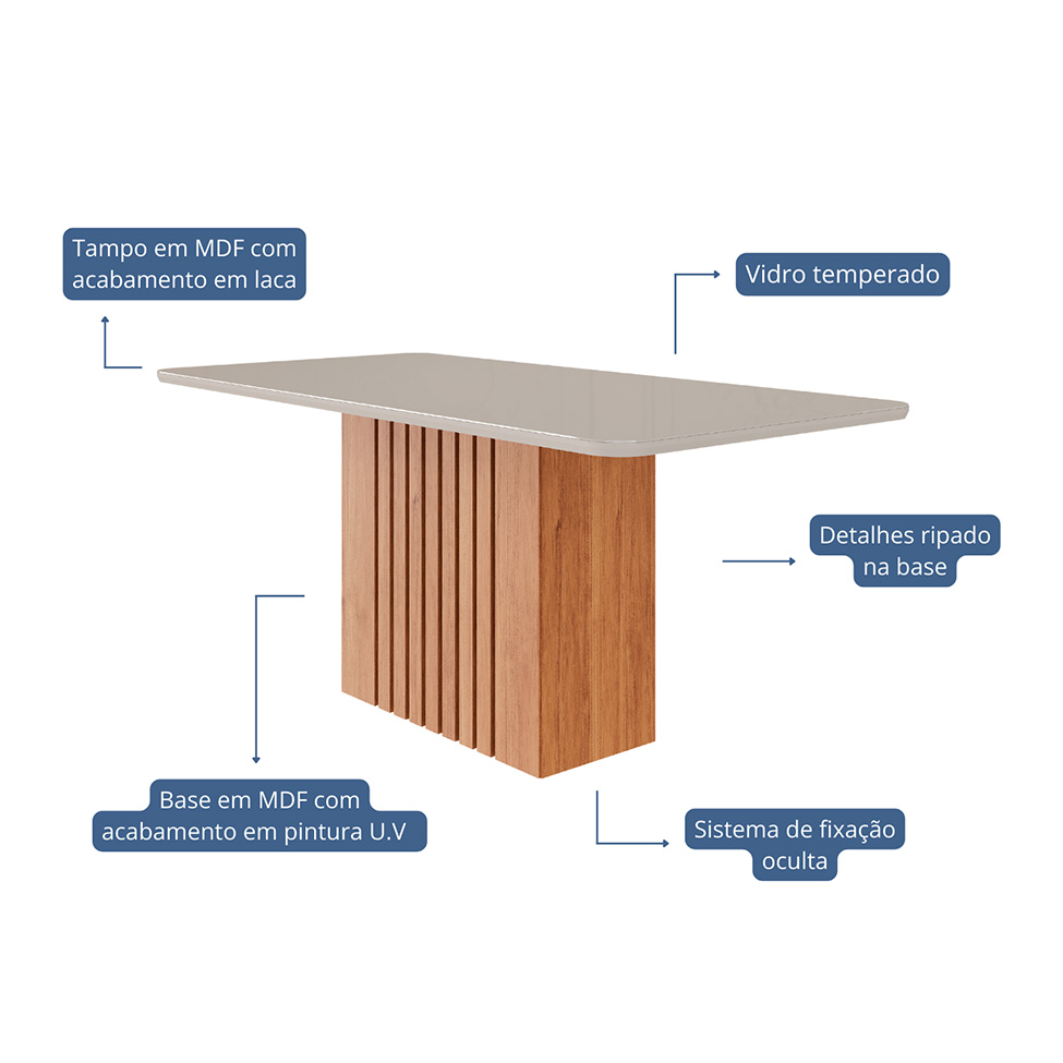Mesa de Jantar Retangular com Tampo de Vidro Ana Off White e Cinamomo 180 cm