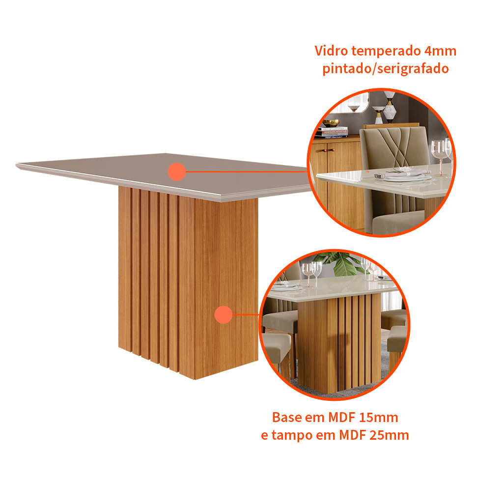 Mesa de Jantar Retangular com Tampo de Vidro Ana Off White e Nature 130 cm