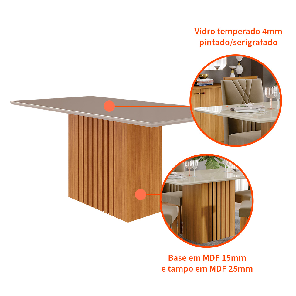 Mesa de Jantar Retangular com Tampo de Vidro Ana Off White e Nature 180 cm