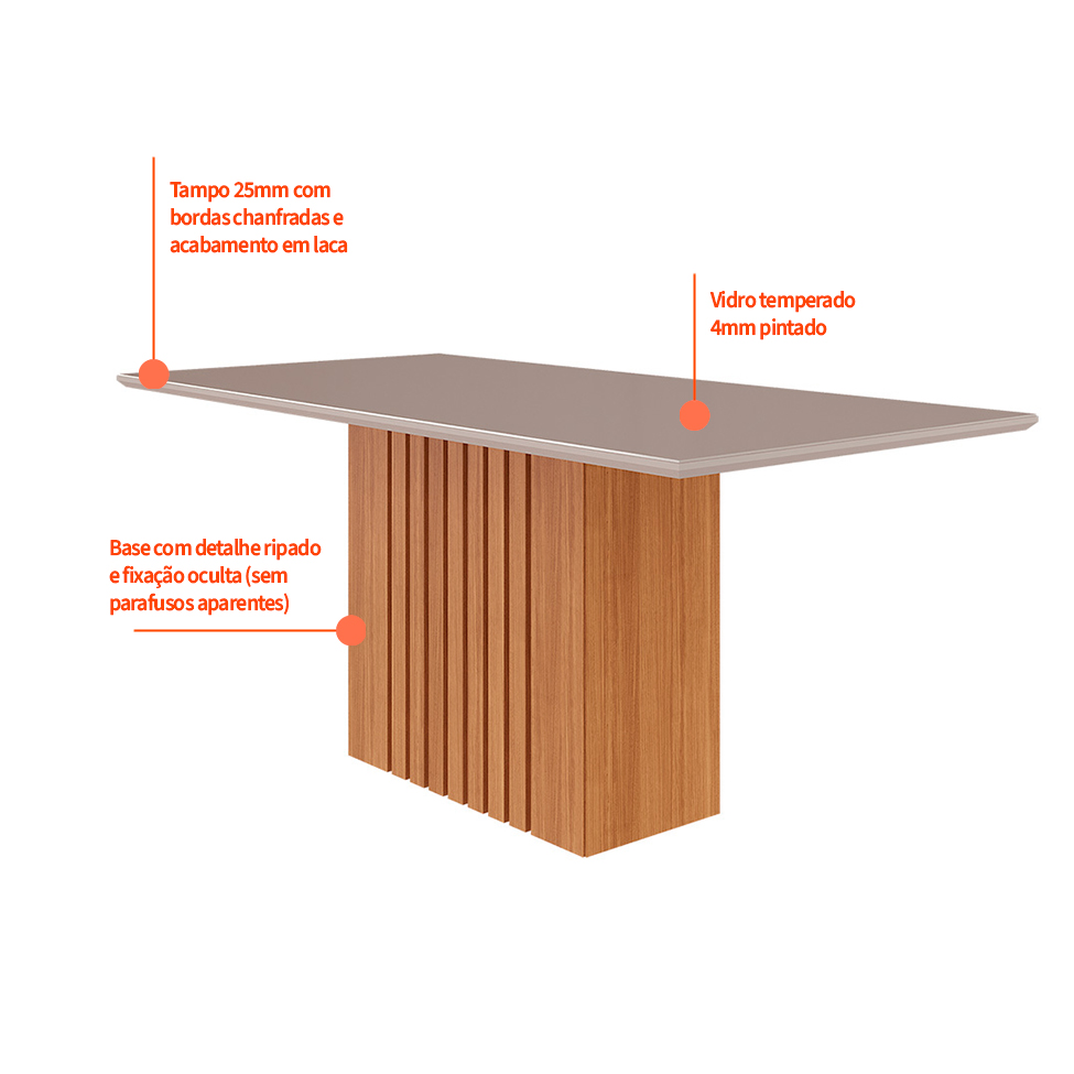 Mesa de Jantar Retangular com Tampo de Vidro Ana Off White e Nature 180 cm