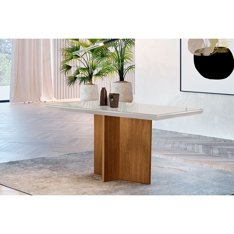 Mesa de Jantar Retangular com Tampo de Vidro Ane Imbuia e Off White