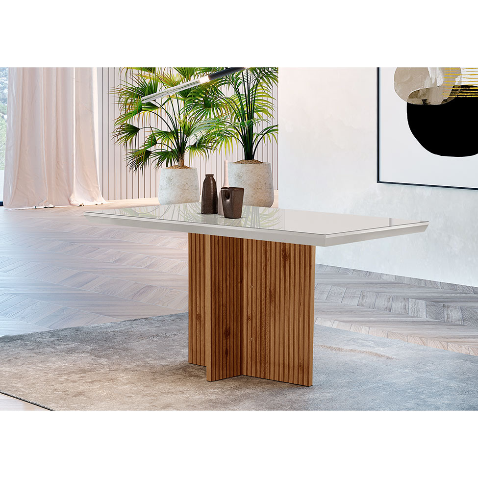Mesa de Jantar Retangular com Tampo de Vidro Ane Ripado Imbuia e Off White