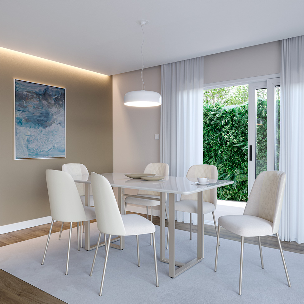 Mesa de Jantar Retangular com Tampo de Vidro Arcadia Off White e Champagne 160 cm