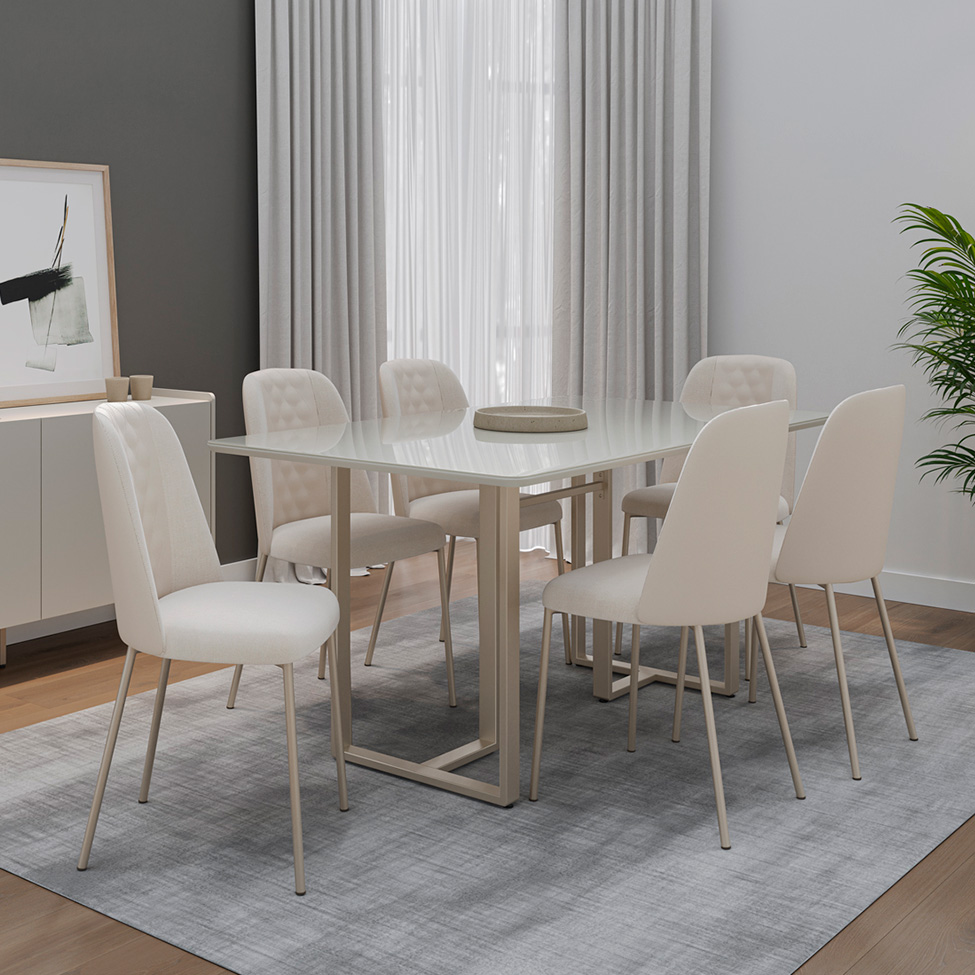 Mesa de Jantar Retangular com Tampo de Vidro Arcadia Off White e Champagne 184 cm