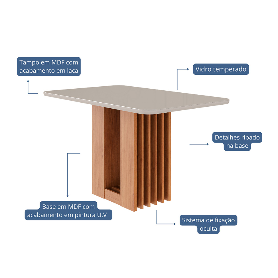 Mesa de Jantar Retangular com Tampo de Vidro Ariela Off White e Cinamomo 130 cm