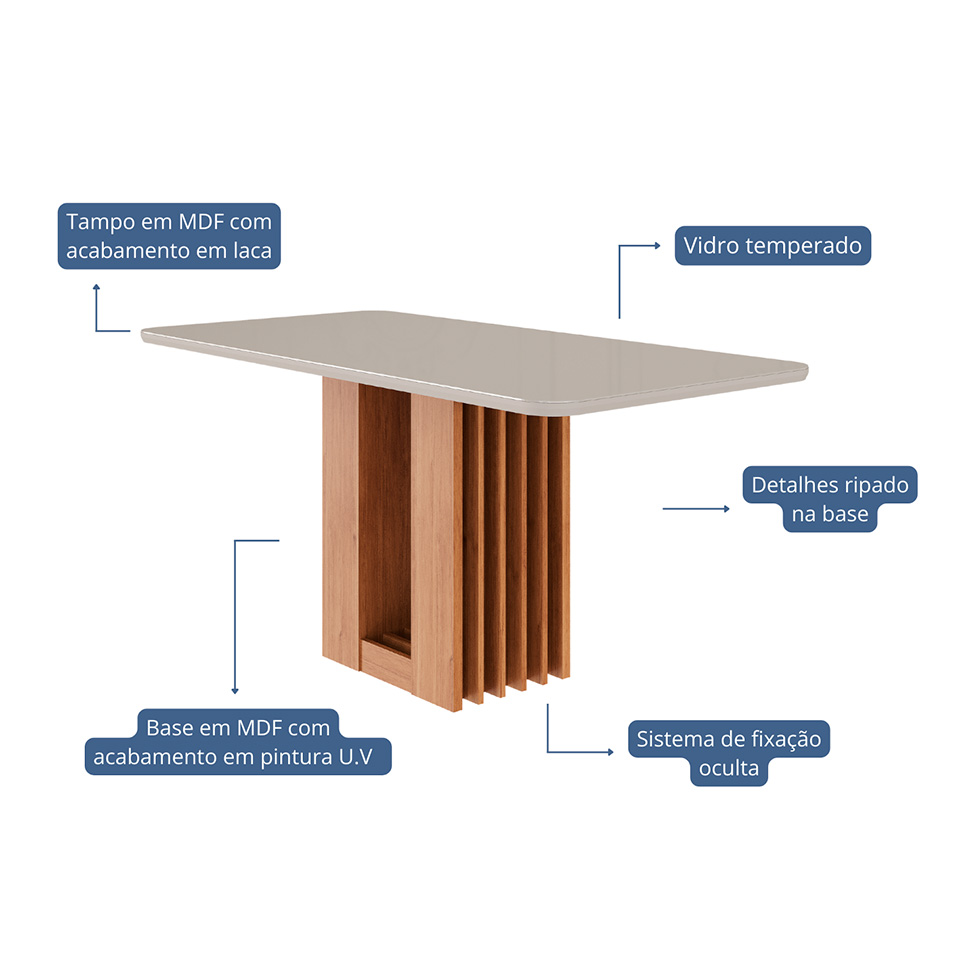 Mesa de Jantar Retangular com Tampo de Vidro Ariela Off White e Cinamomo 160 cm