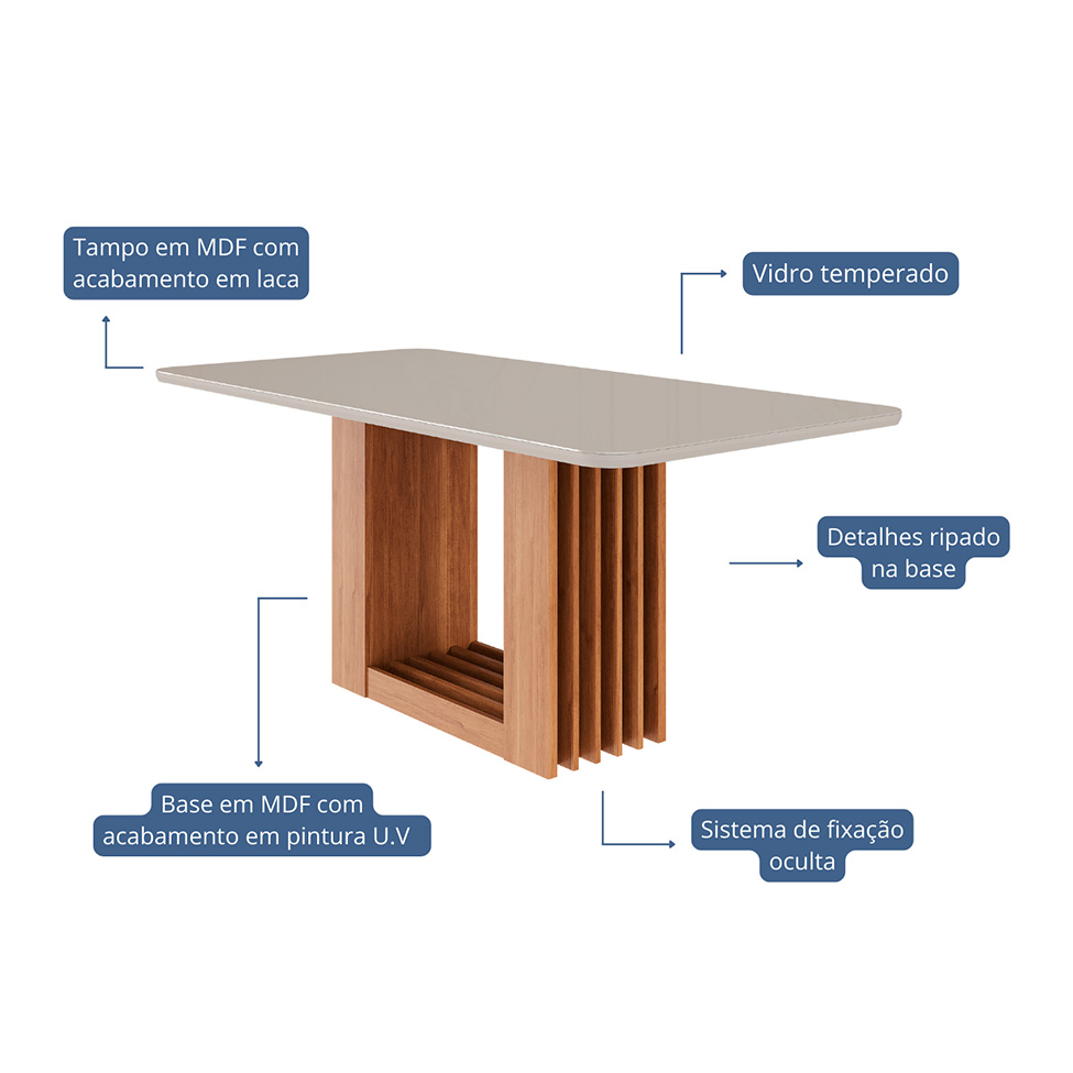 Mesa de Jantar Retangular com Tampo de Vidro Ariela Off White e Cinamomo 180 cm