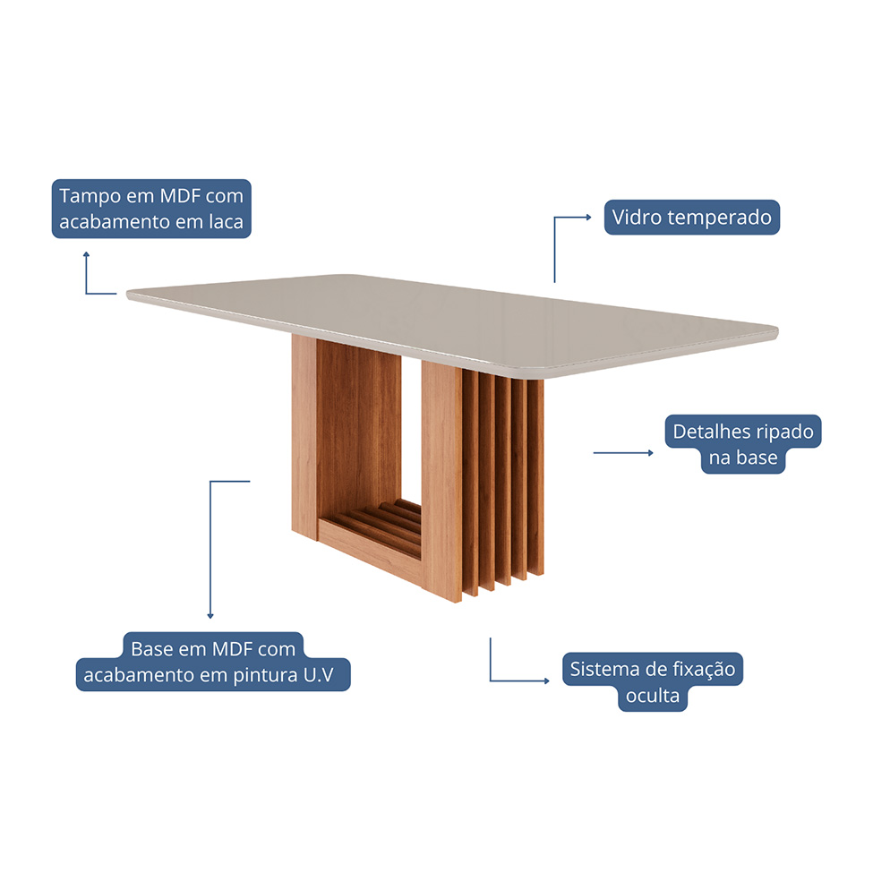 Mesa de Jantar Retangular com Tampo de Vidro Ariela Off White e Cinamomo 210 cm