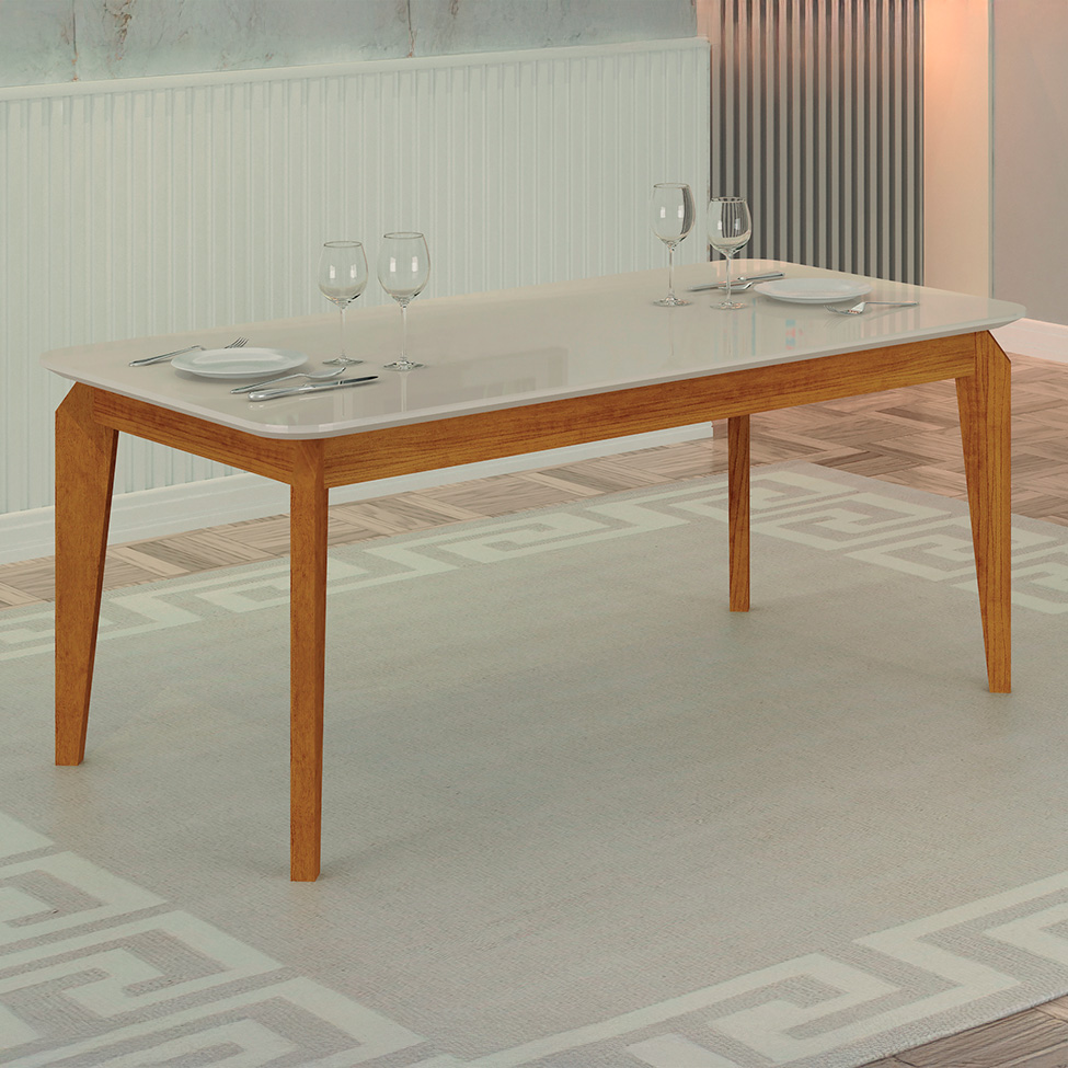 Mesa de Jantar Retangular com Tampo de Vidro Brenda Off White e Freijó 180 cm