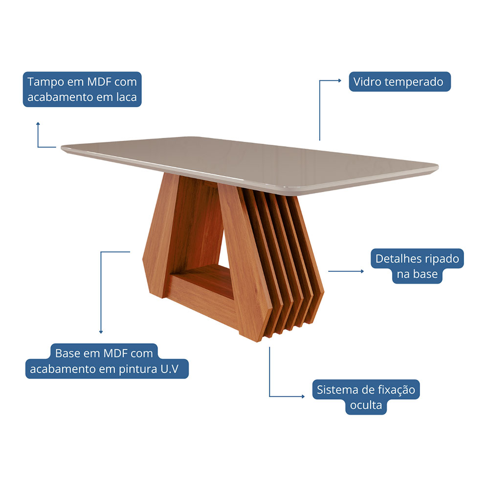 Mesa de Jantar Retangular com Tampo de Vidro Ágata Cinamomo e Off White 180 cm