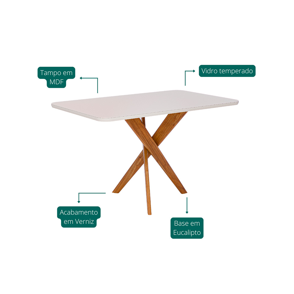 Mesa de Jantar Retangular com Tampo de Vidro Cacau Off White e Madeira 130 cm