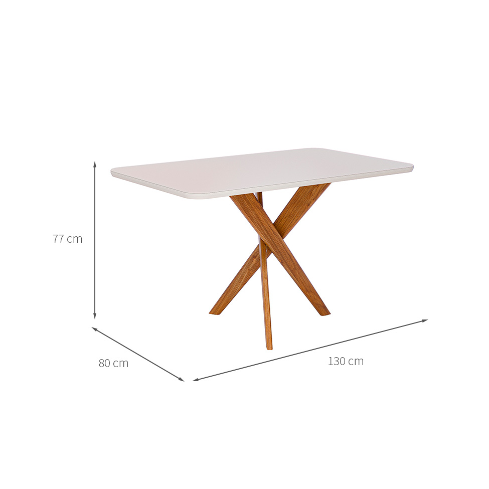 Mesa de Jantar Retangular com Tampo de Vidro Cacau Off White e Madeira 130 cm