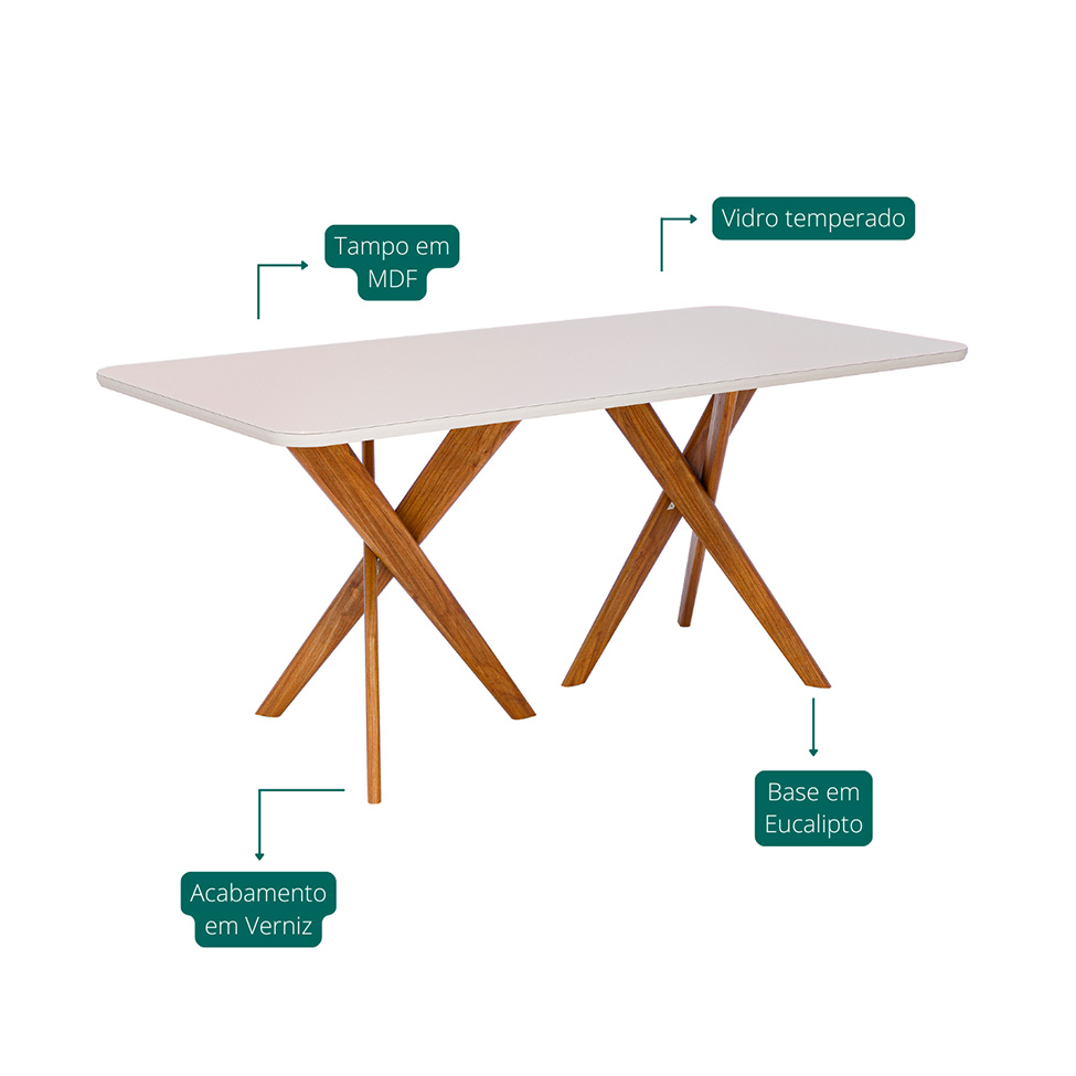 Mesa de Jantar Retangular com Tampo de Vidro Cacau Off White e Madeira 180 cm