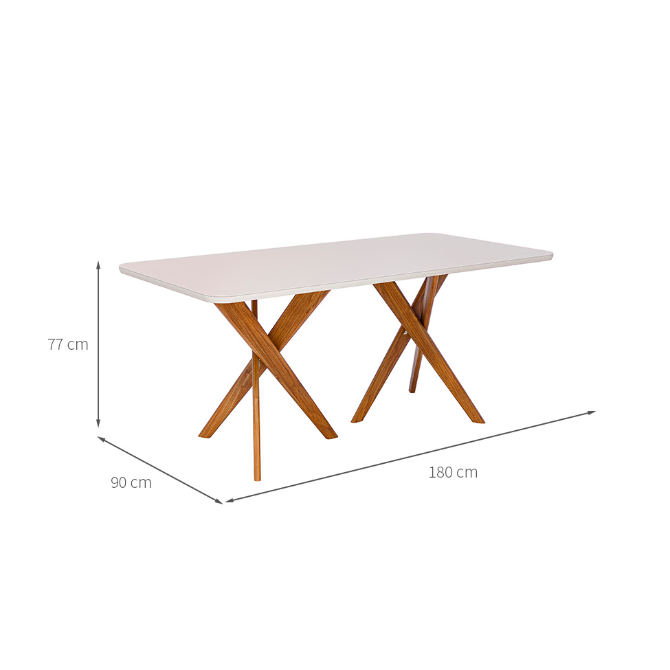 Mesa de Jantar Retangular com Tampo de Vidro Cacau Off White e Madeira 180 cm
