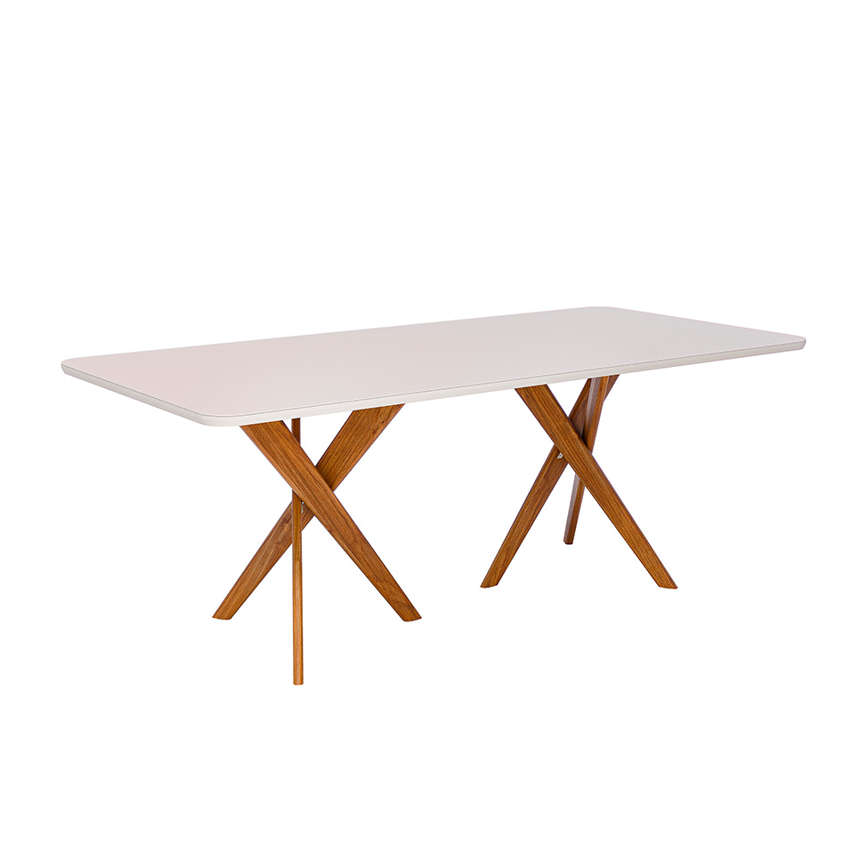 Mesa de Jantar Retangular com Tampo de Vidro Cacau Off White e Madeira 210 cm
