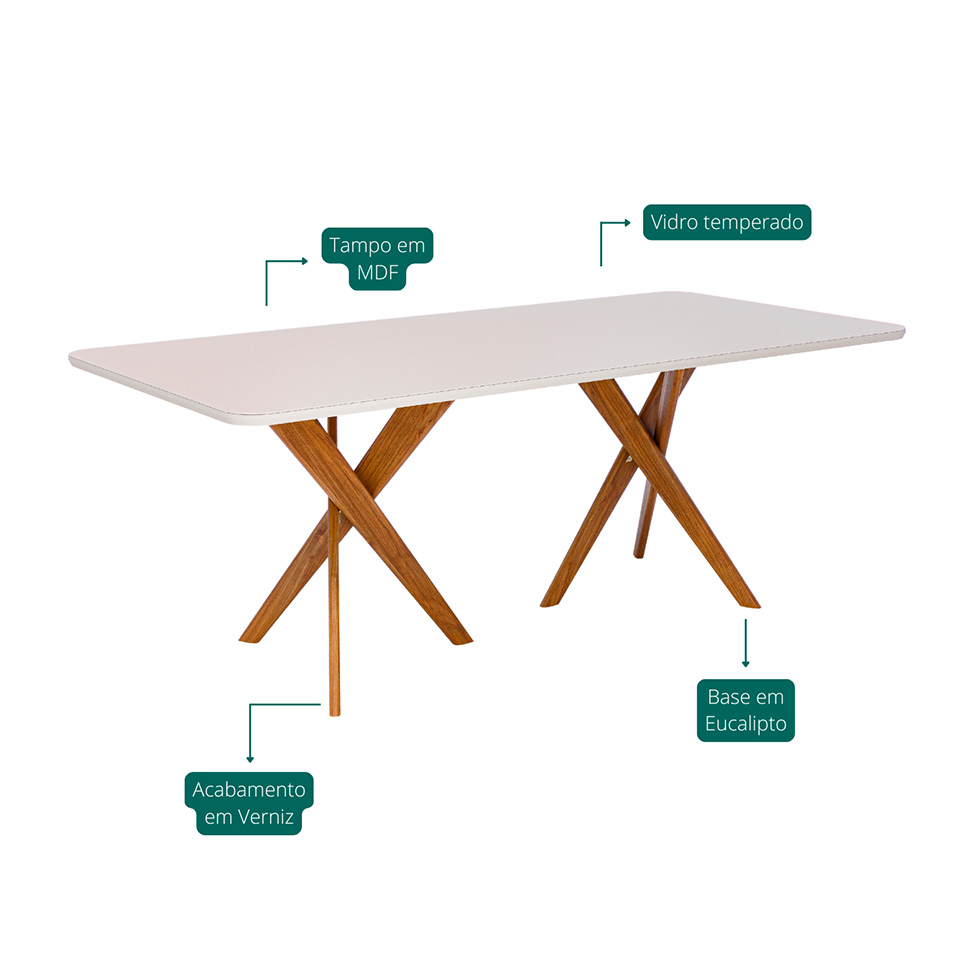 Mesa de Jantar Retangular com Tampo de Vidro Cacau Off White e Madeira 210 cm