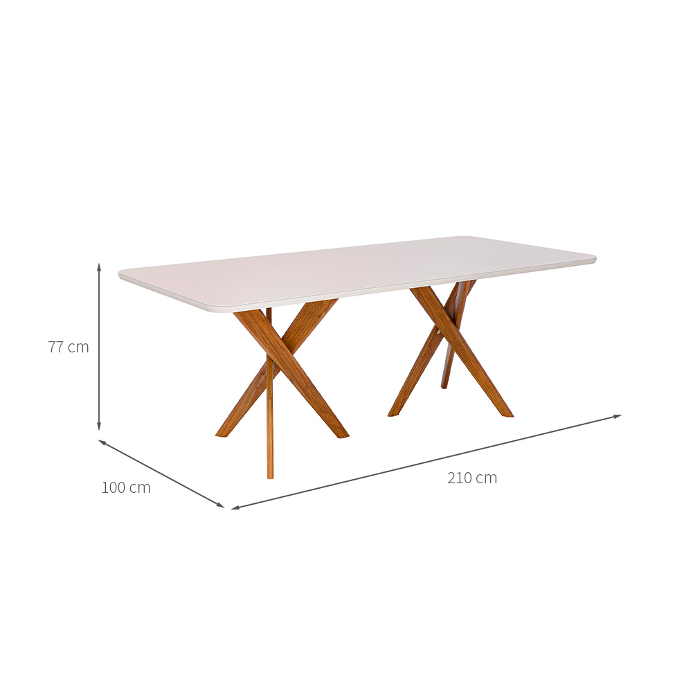 Mesa de Jantar Retangular com Tampo de Vidro Cacau Off White e Madeira 210 cm