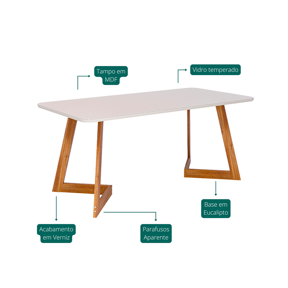 Mesa de Jantar Retangular com Tampo de Vidro Caju Off White e Madeira 180 cm
