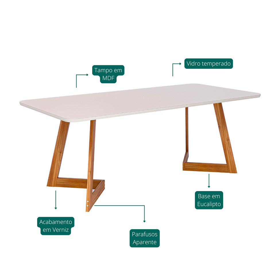 Mesa de Jantar Retangular com Tampo de Vidro Caju Off White e Madeira 210 cm