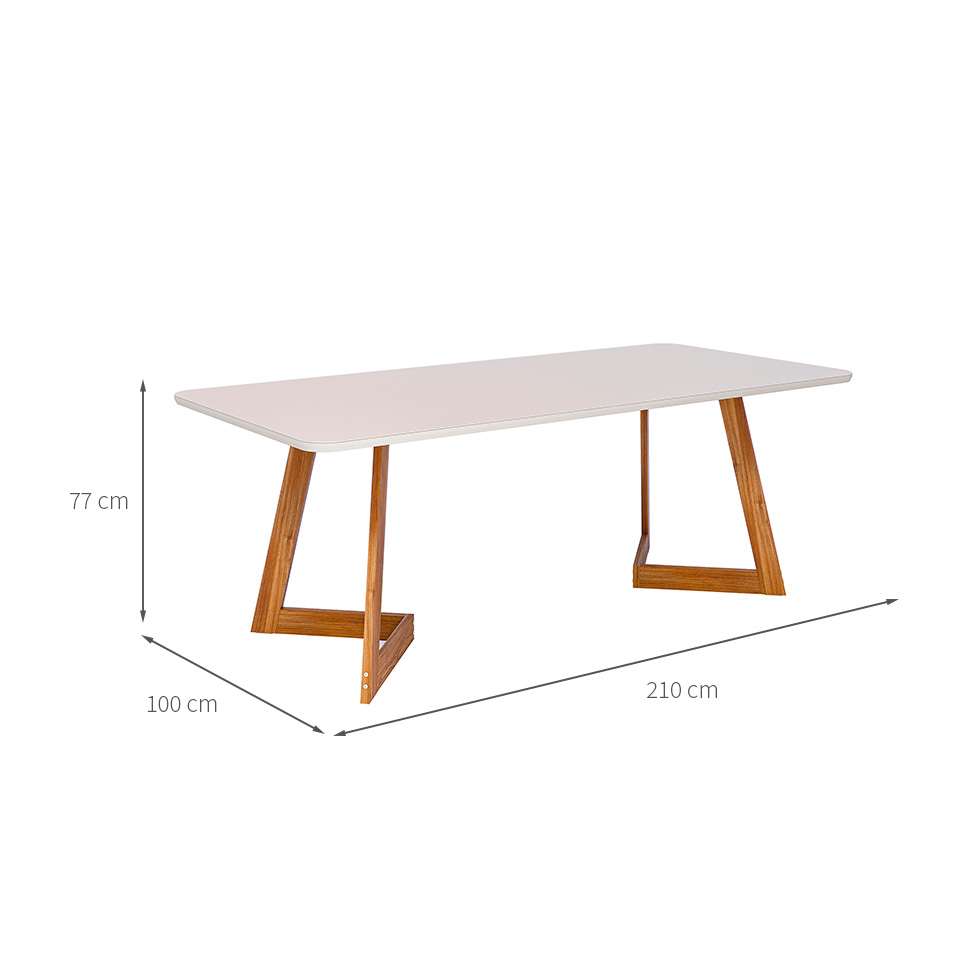 Mesa de Jantar Retangular com Tampo de Vidro Caju Off White e Madeira 210 cm