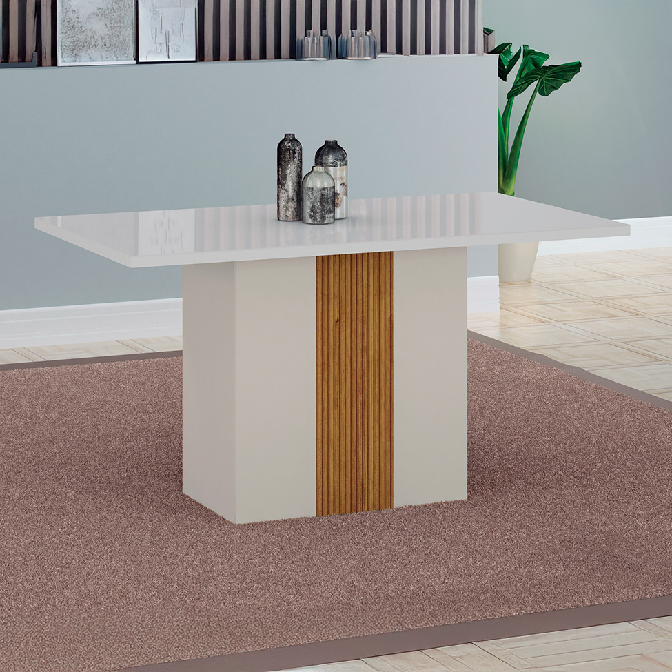Mesa de Jantar Retangular com Tampo de Vidro Doha Off White e Amadeirado 120 cm