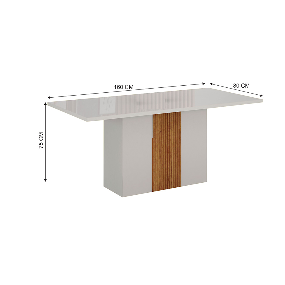 Mesa de Jantar Retangular com Tampo de Vidro Doha Off White e Amadeirado 160 cm