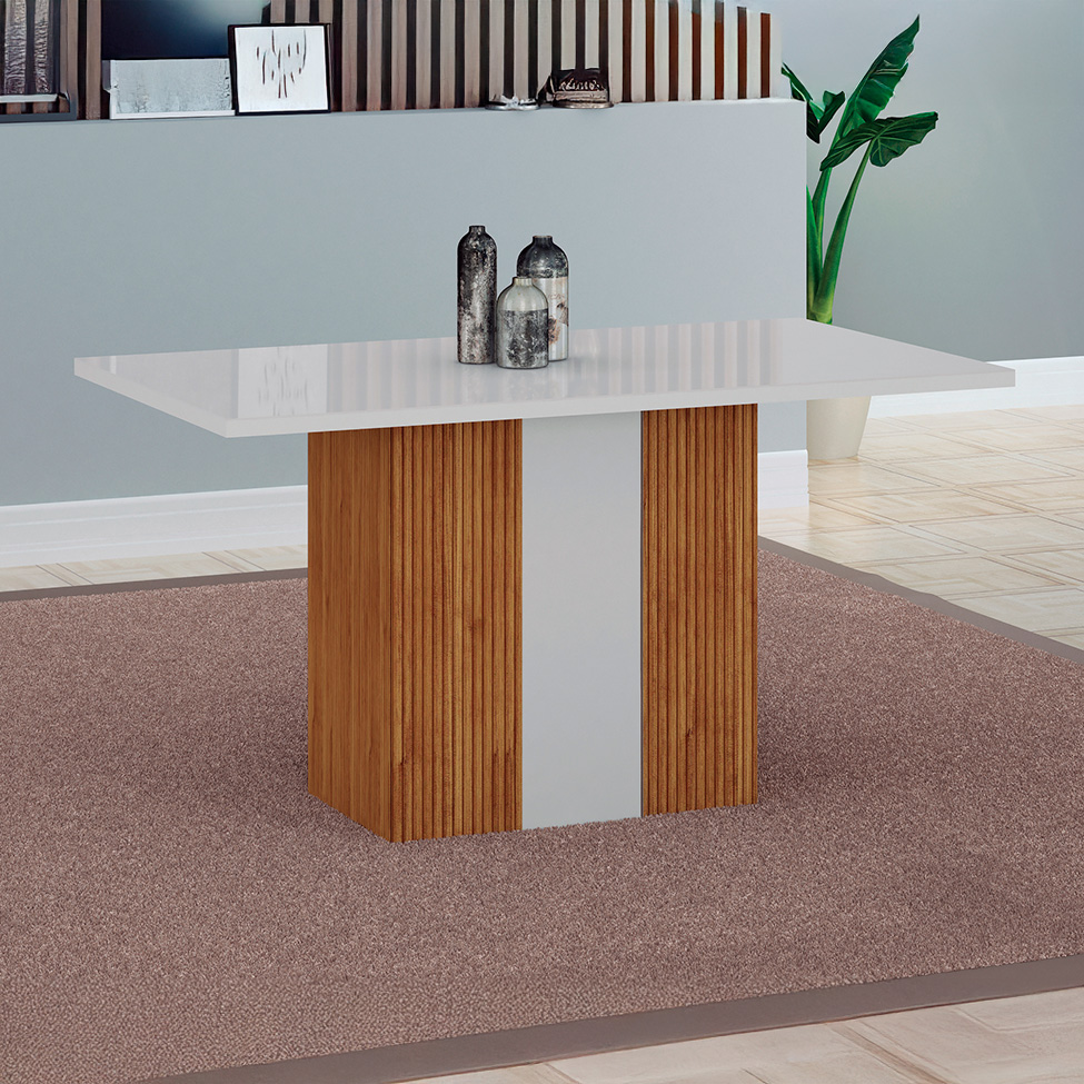 Mesa de Jantar Retangular com Tampo de Vidro Doha Off White e Freijó 120 cm