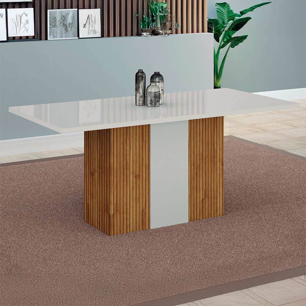 Mesa de Jantar Retangular com Tampo de Vidro Doha Off White e Freijó 160 cm