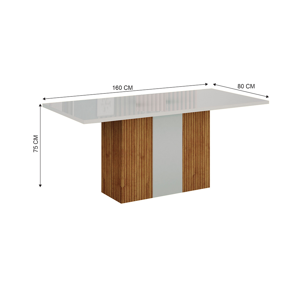 Mesa de Jantar Retangular com Tampo de Vidro Doha Off White e Freijó 160 cm