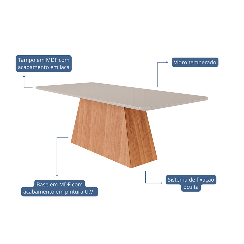 Mesa de Jantar Retangular com Tampo de Vidro Helena Off White Cinamomo 210 cm