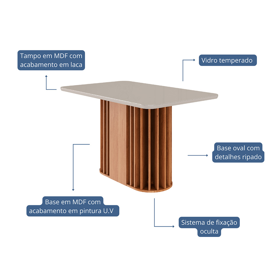 Mesa de Jantar Retangular com Tampo de Vidro Julieta Off White e Cinamomo 130 cm