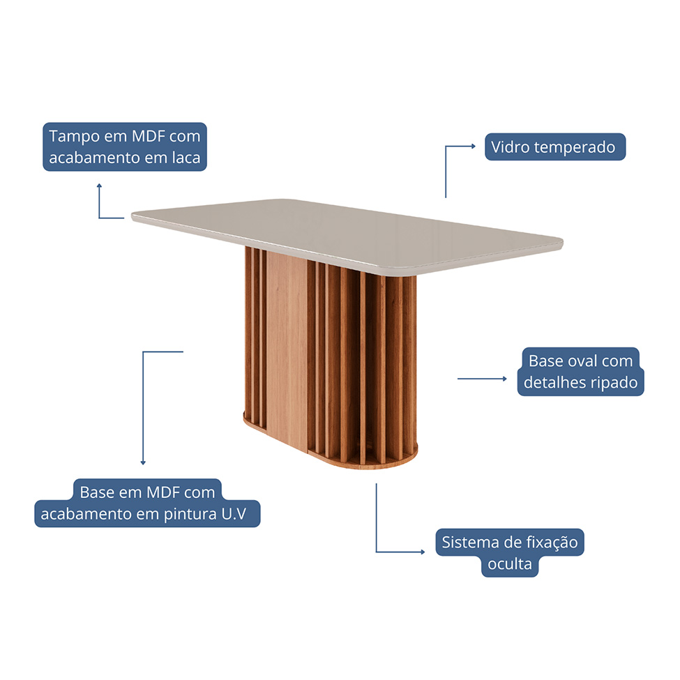 Mesa de Jantar Retangular com Tampo de Vidro Julieta Off White e Cinamomo 160 cm